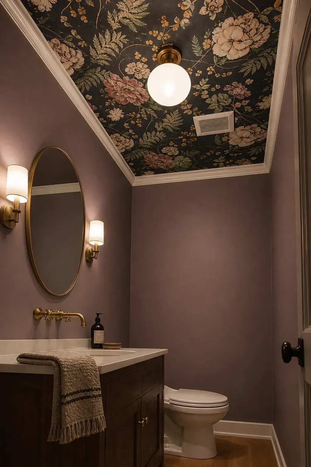 Dark floral wallpaper ceiling above a sophisticated powder room