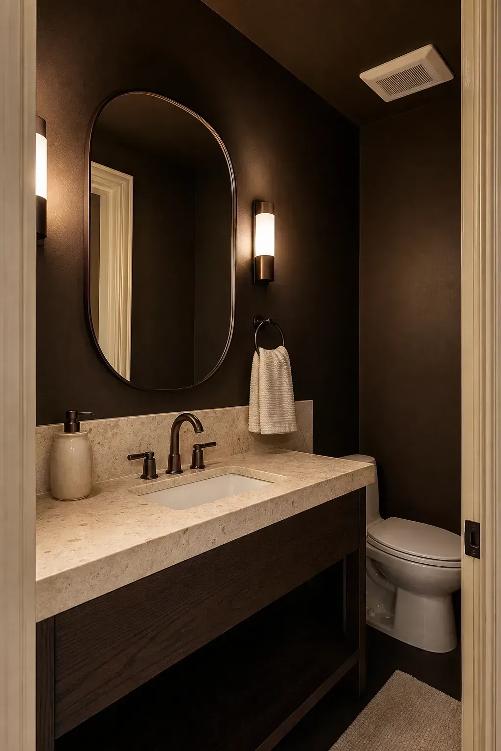 Espresso brown walls balanced by cream stone in a moody half bath