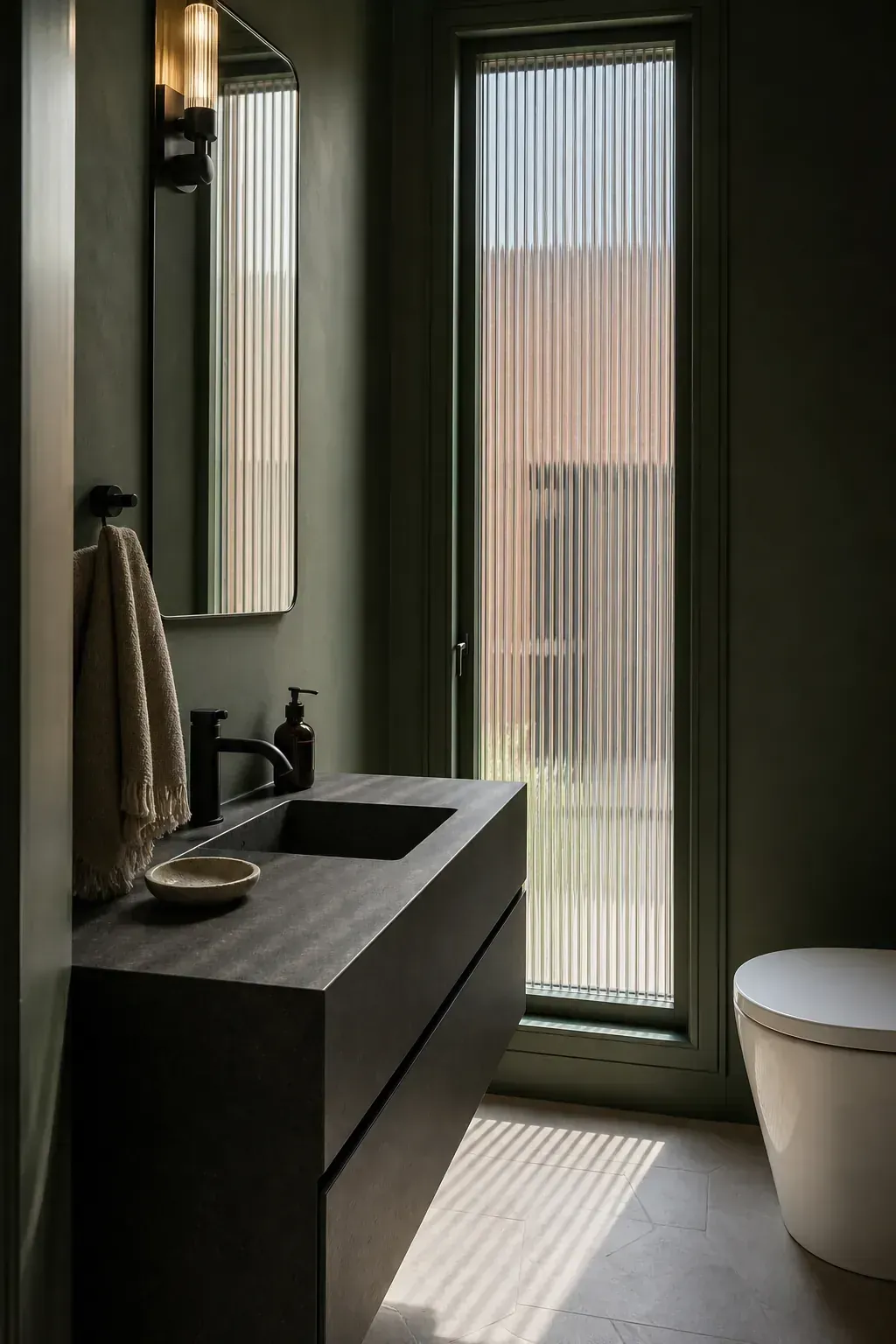 Ribbed privacy glass glowing inside a dark moody half bathroom