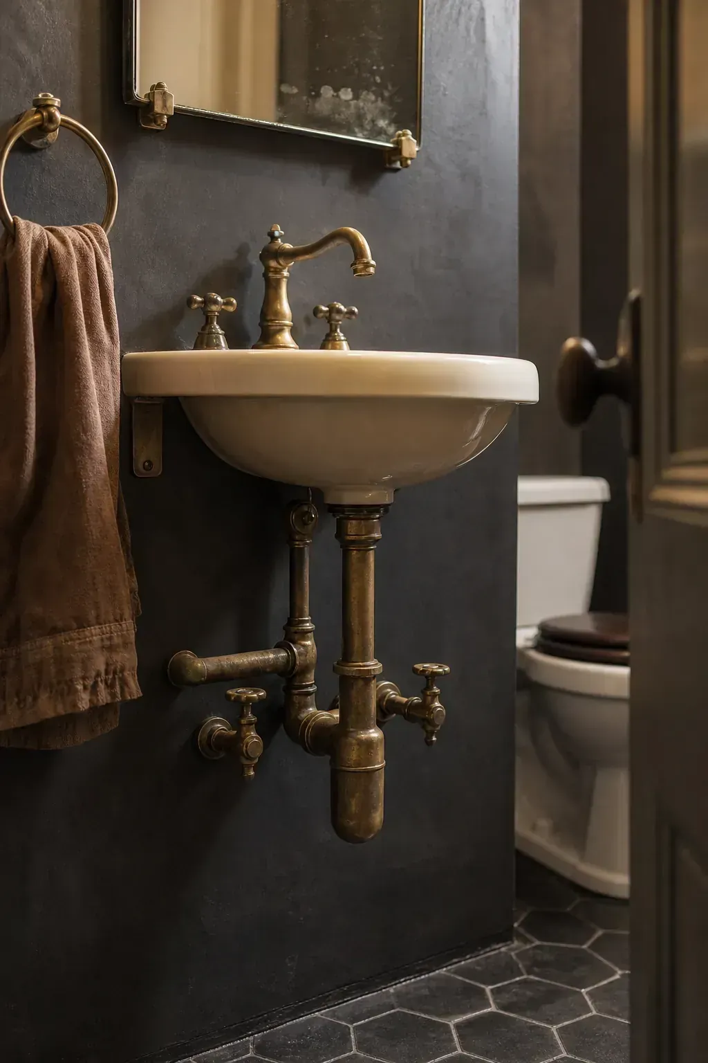 Antique brass faucet and exposed plumbing in a dark powder room