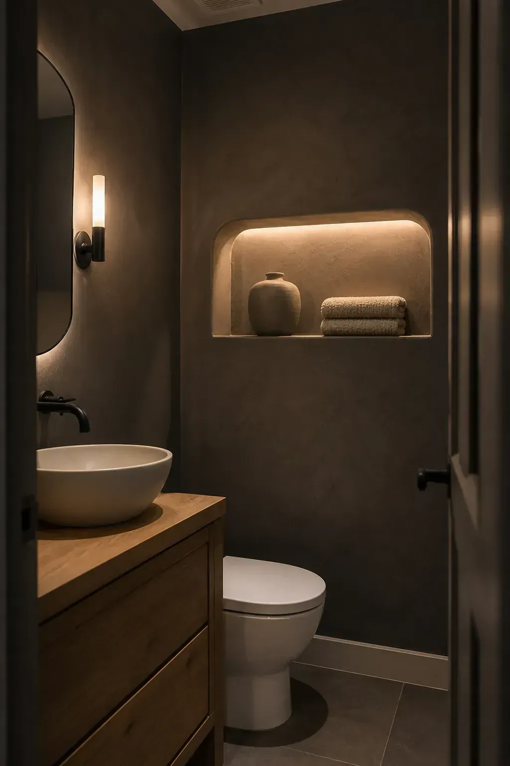 Softly lit recessed niche in a moody half bathroom