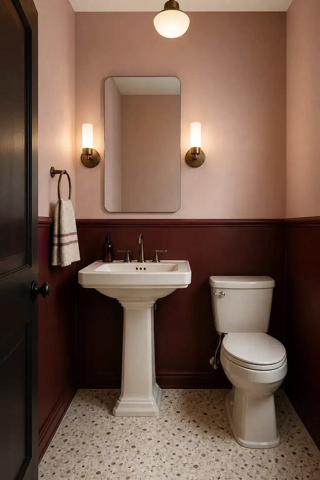 Burgundy and blush two-tone walls in a moody half bathroom