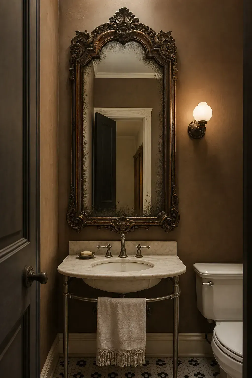 Ornate vintage mirror setting the tone in a moody half bath