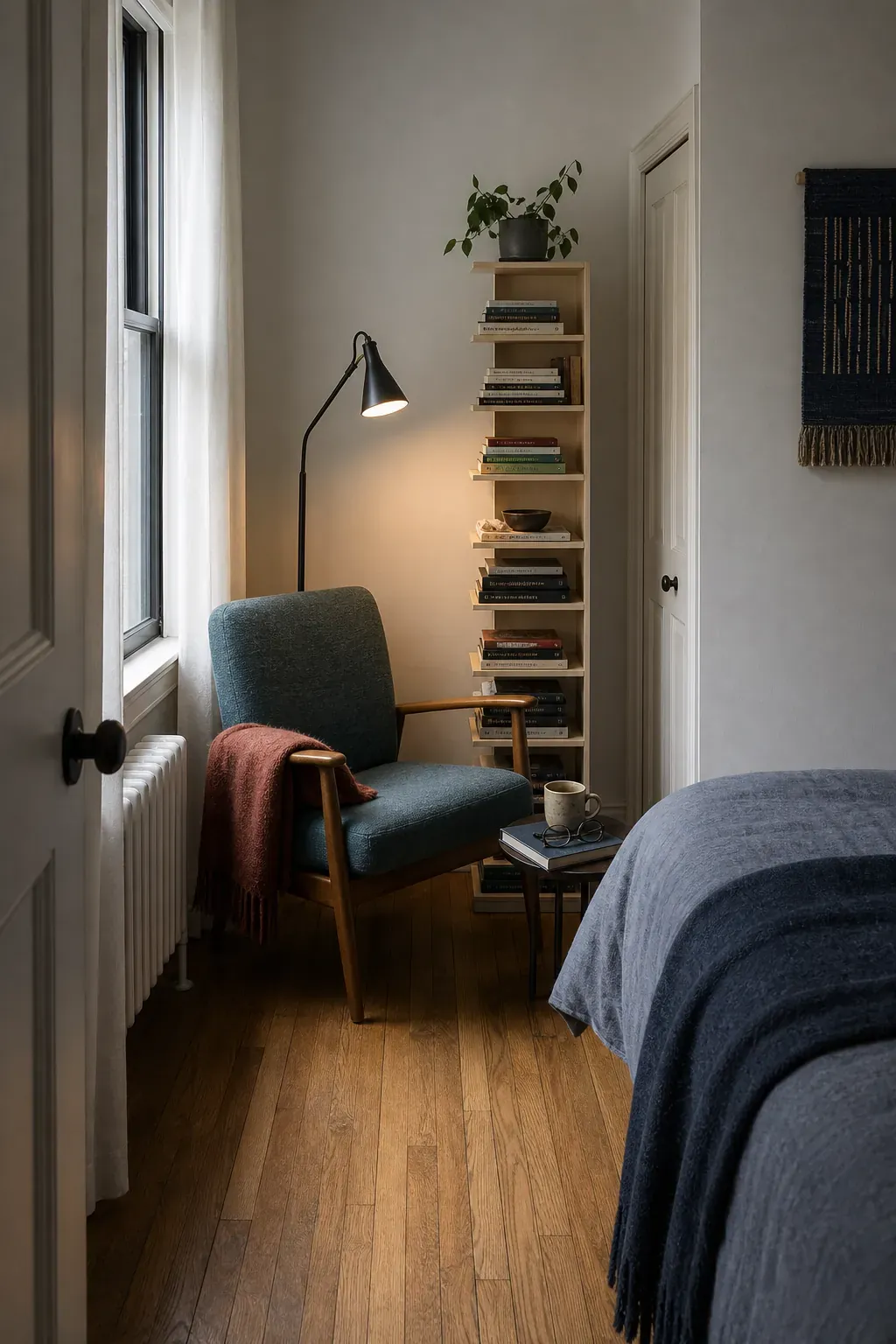 Small bedroom reading corner created without extra floor space