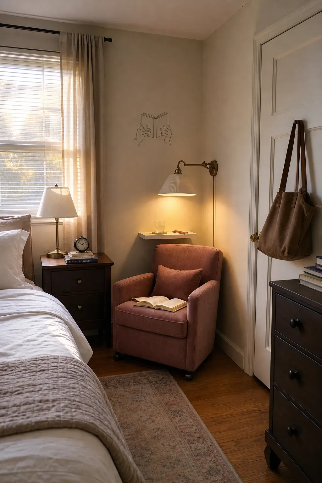 Small bedroom reading chair replacing one nightstand