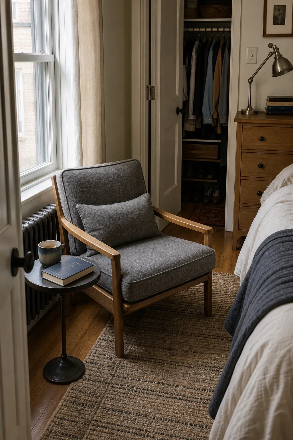 Compact reading chair angled beside a bedroom window