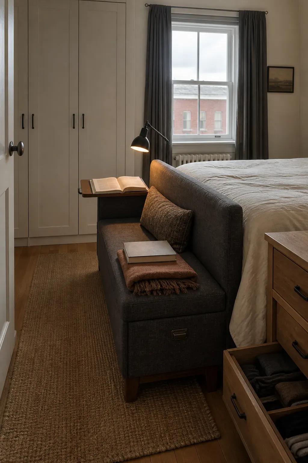 Storage bench at the foot of a bed used for reading
