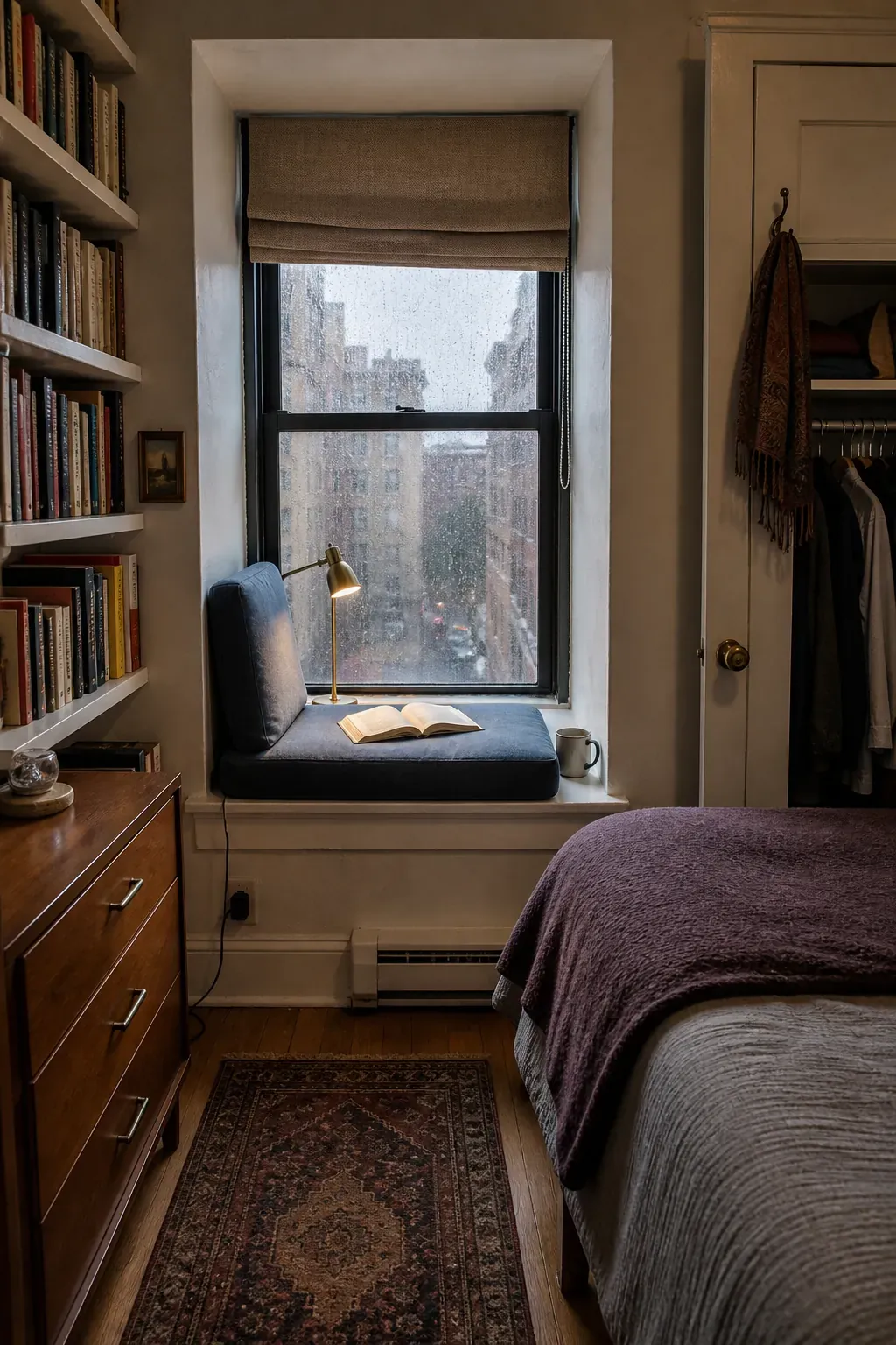 Deep bedroom window ledge fitted as a small reading nook