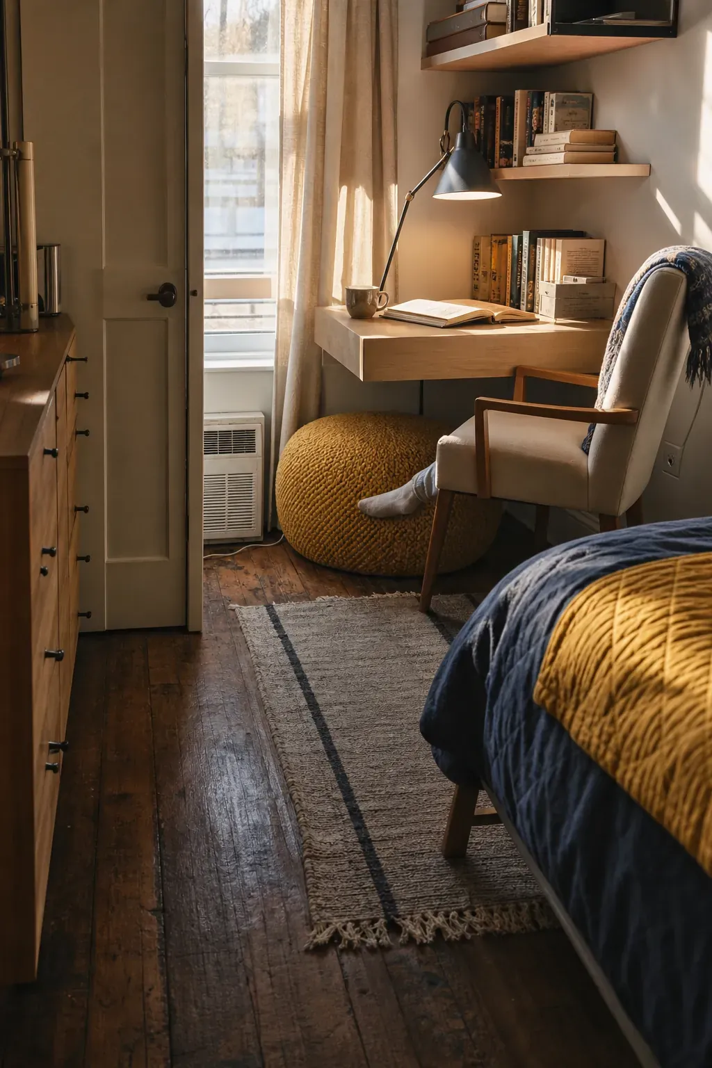 Firm pouf tucked beside a small bedroom reading chair