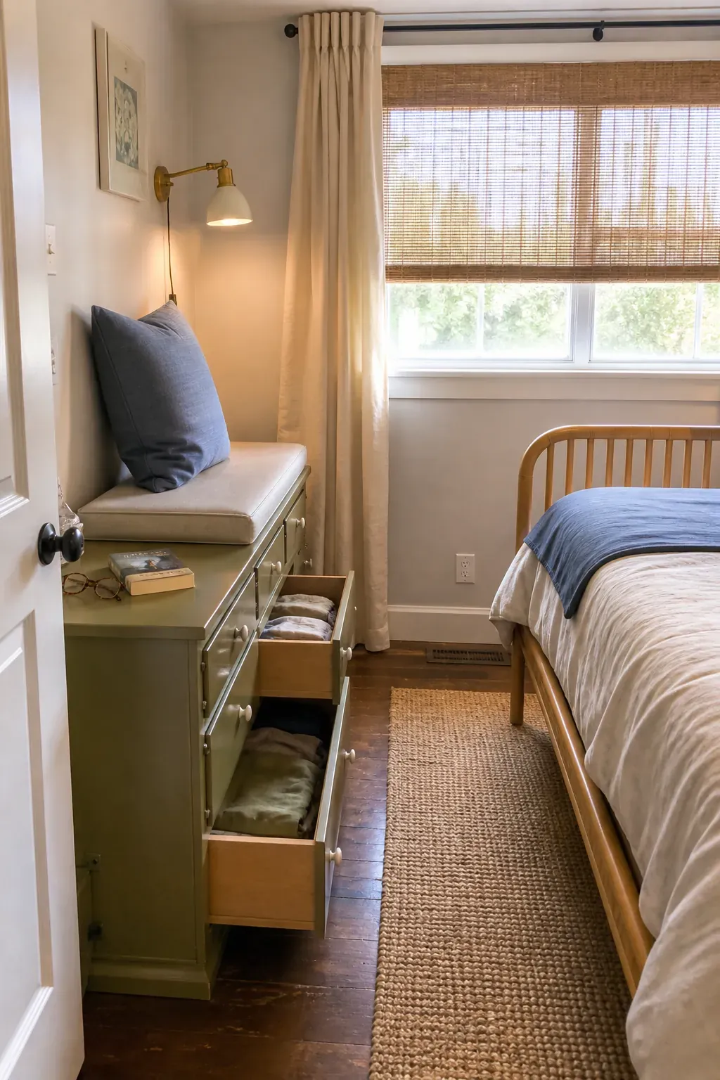 Low bedroom dresser safely styled as a window reading perch