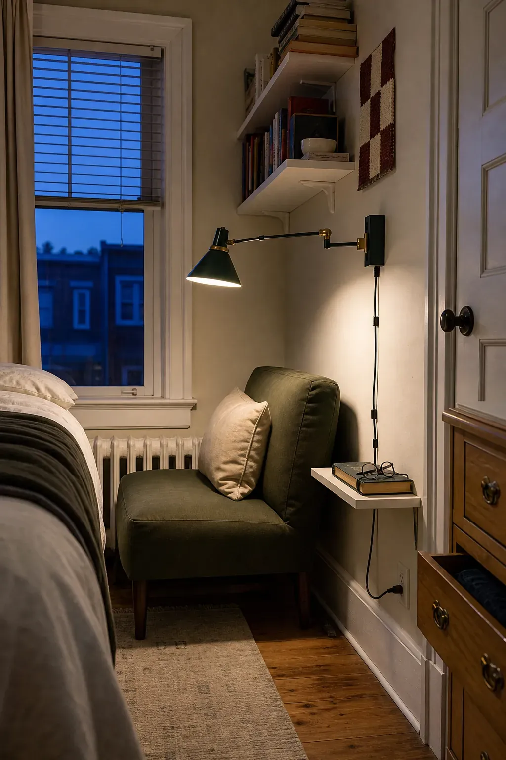 Swing-arm wall light illuminating a tiny bedroom reading corner