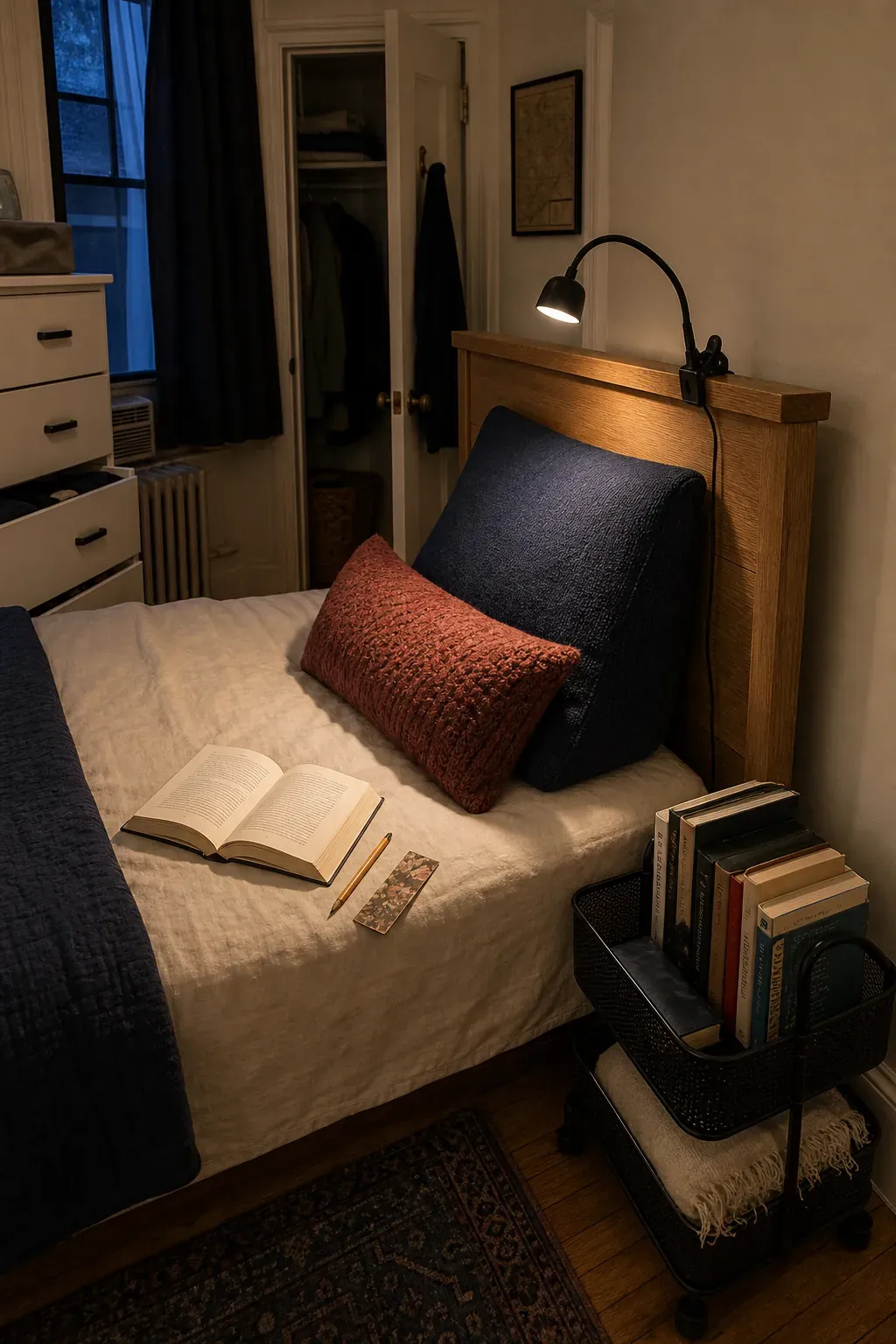 Headboard clip lamp creating a focused bedroom reading spot
