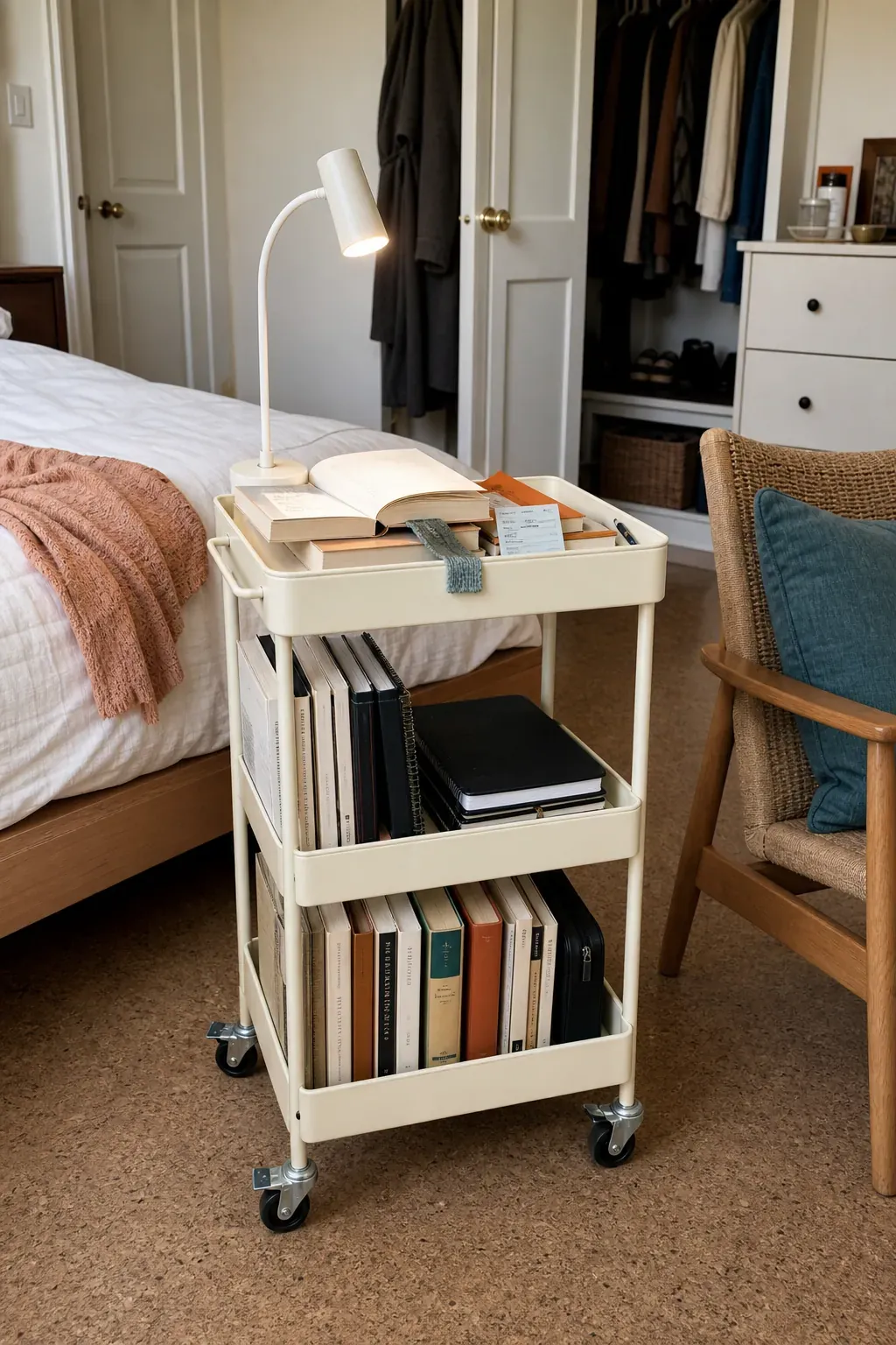 Narrow rolling book cart beside a bed for flexible reading storage