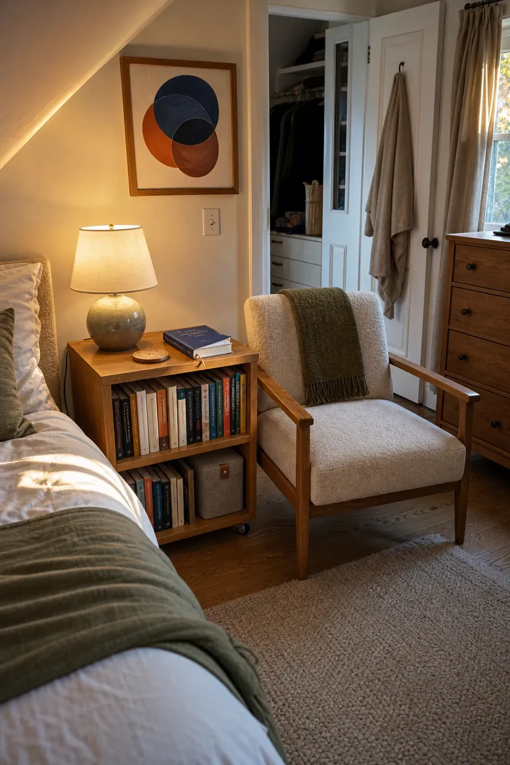 Low bookshelf doubling as a side table in a bedroom reading corner