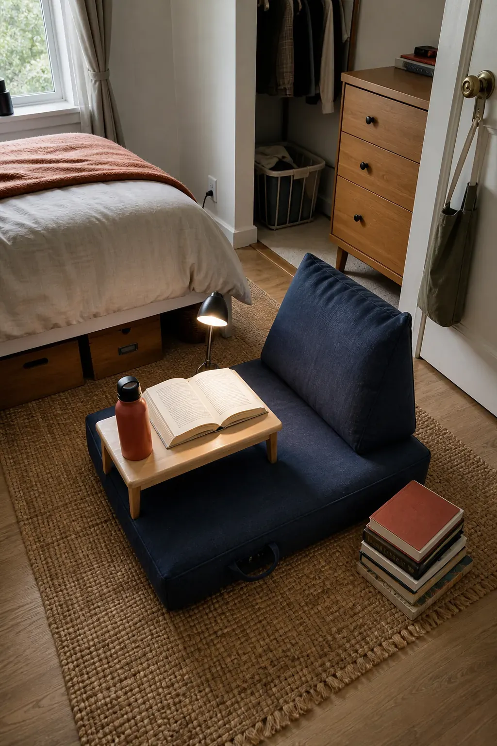 Supportive floor cushion creating a tiny bedroom reading corner