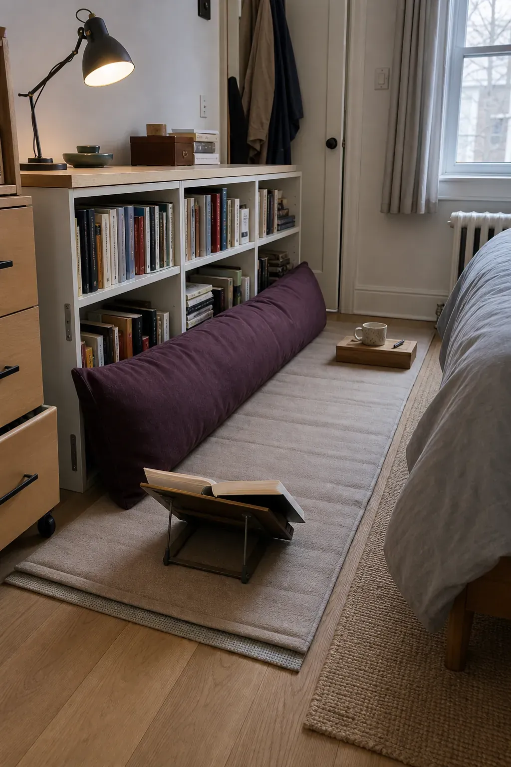 Floor reading nook arranged against a sturdy low bookcase