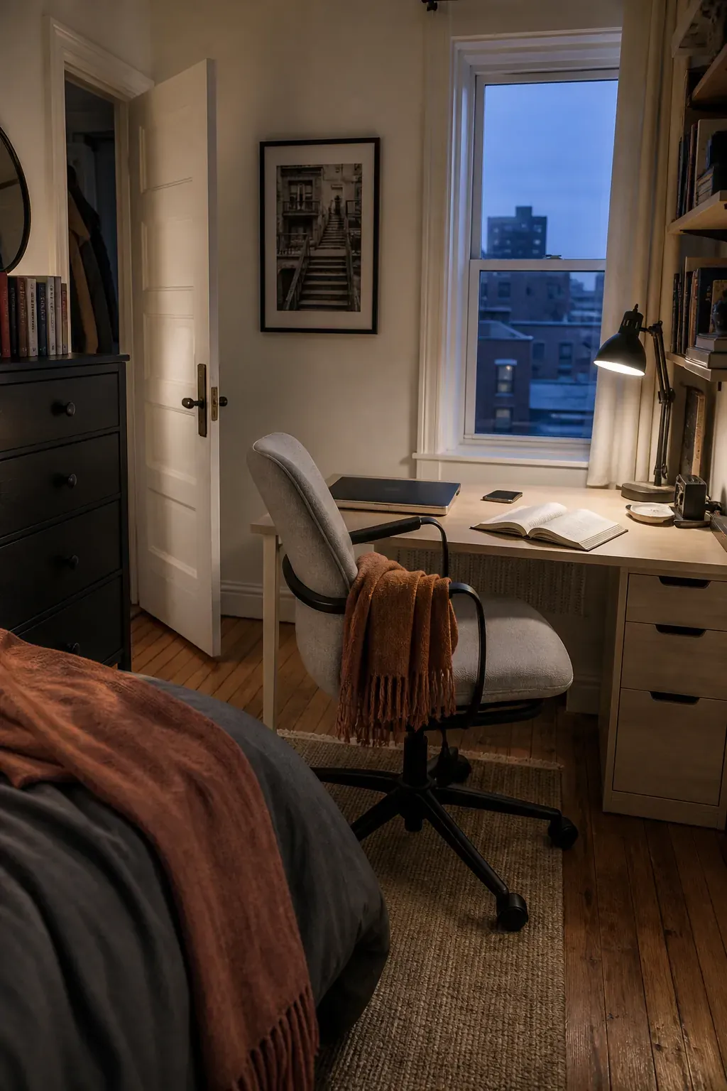 Bedroom desk chair swiveled away from work for reading