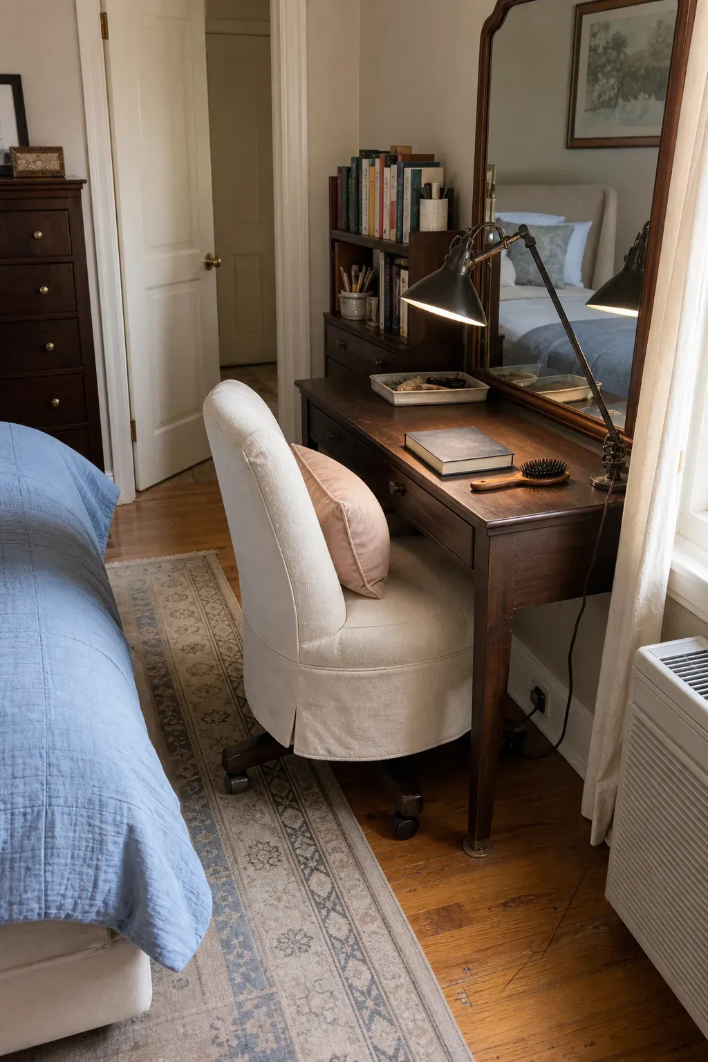 Bedroom vanity stool turned into a compact reading perch