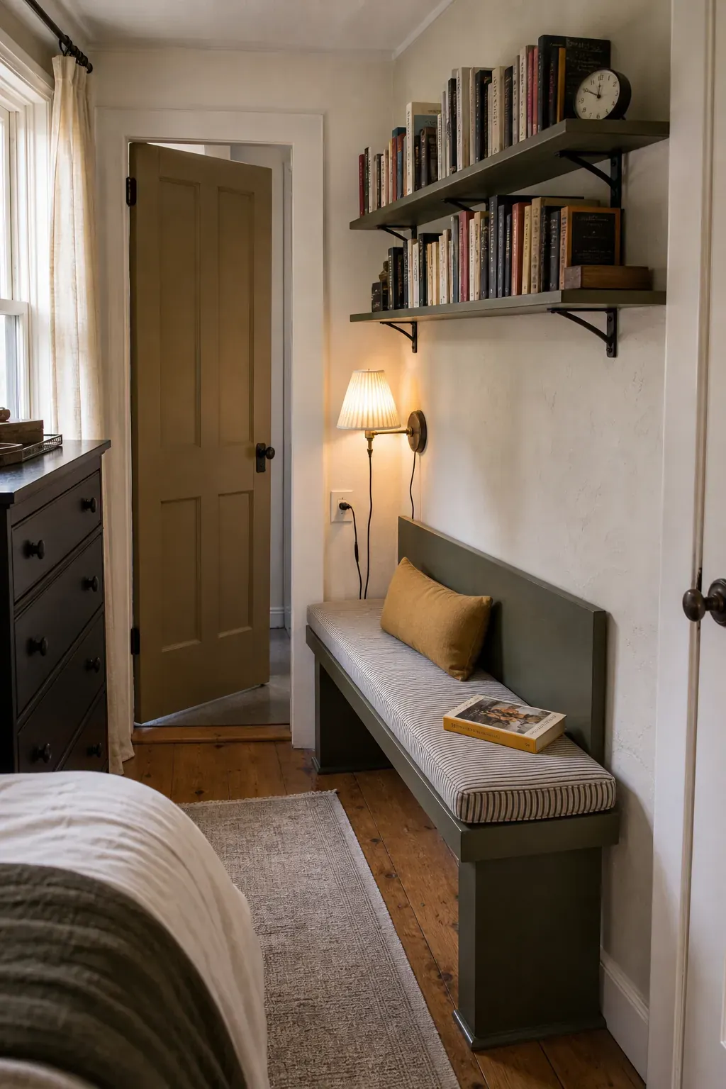 Narrow bedroom reading bench beneath shallow book shelves