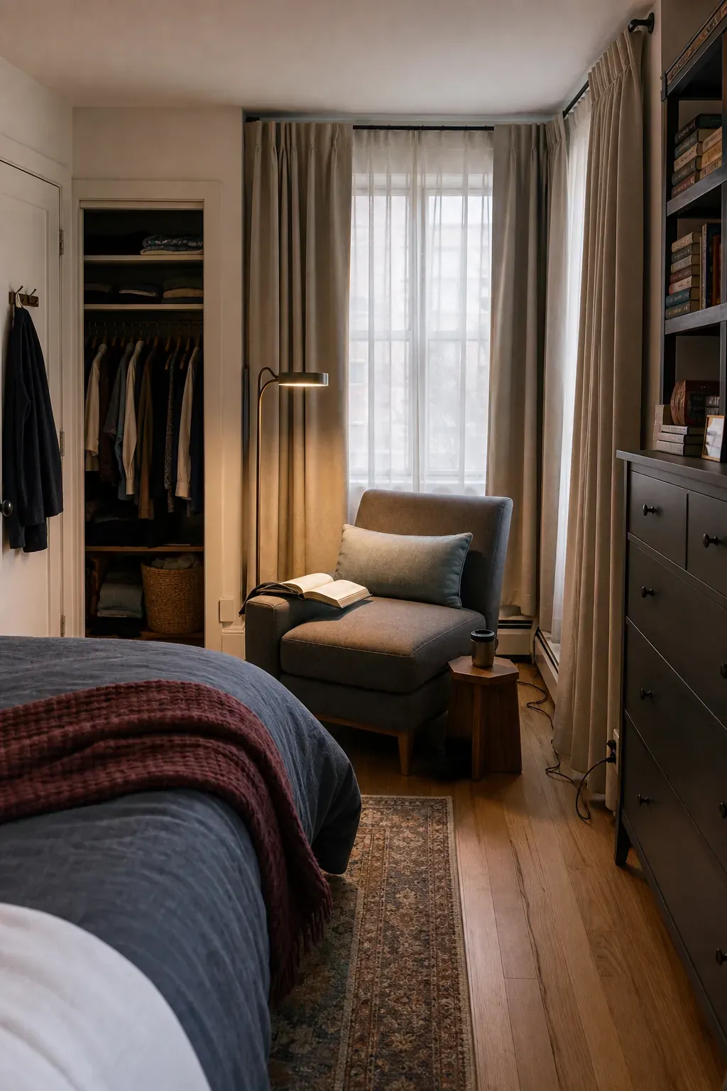 Bedroom reading chair softened by full-length curtains