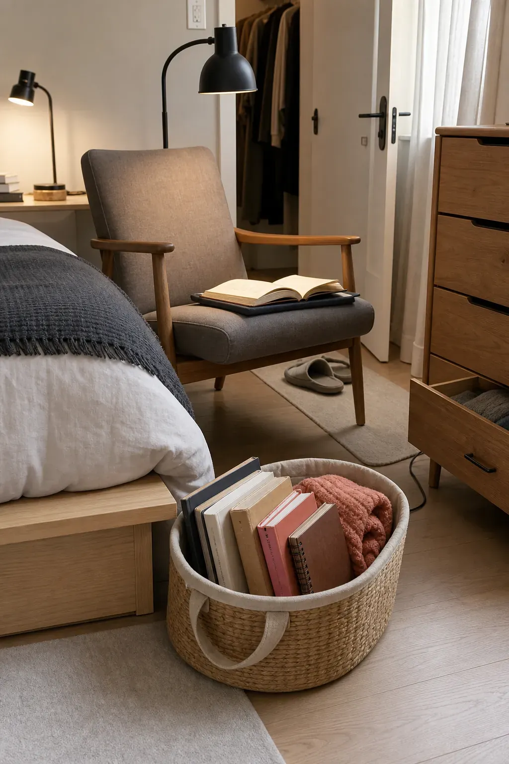 Handled bedside basket holding a small selection of current books