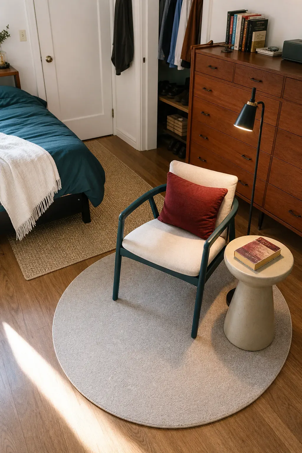Small round rug anchoring a bedroom reading corner