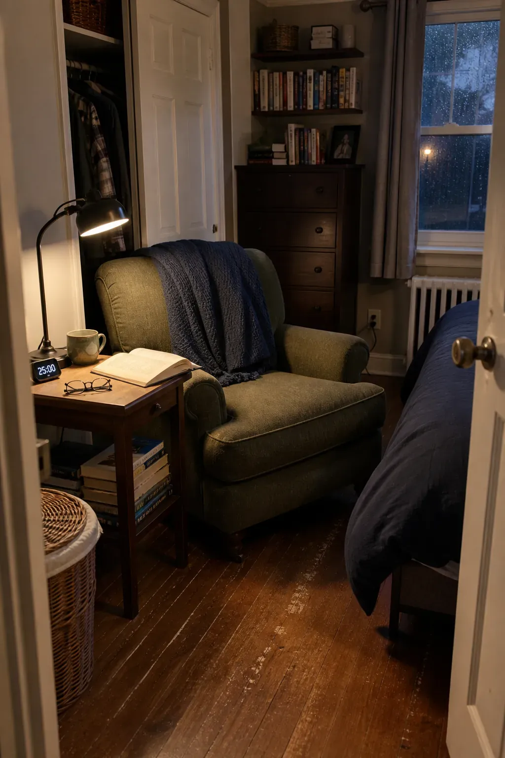Existing bedroom chair arranged as a practical reading corner