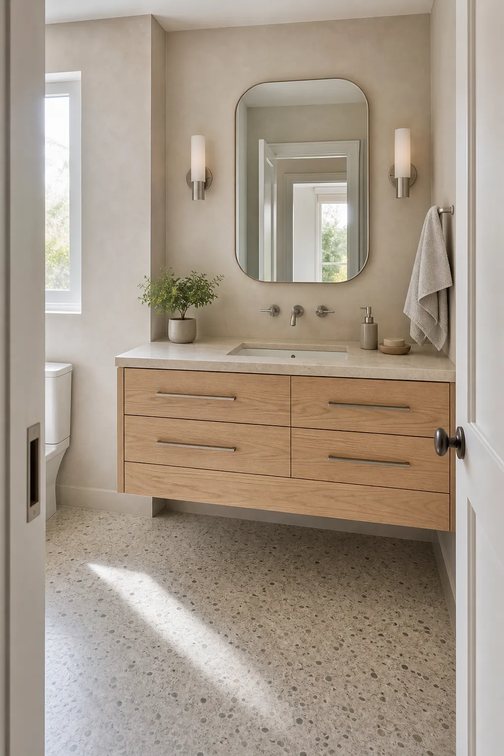 Clean modern bathroom with a warm floating vanity