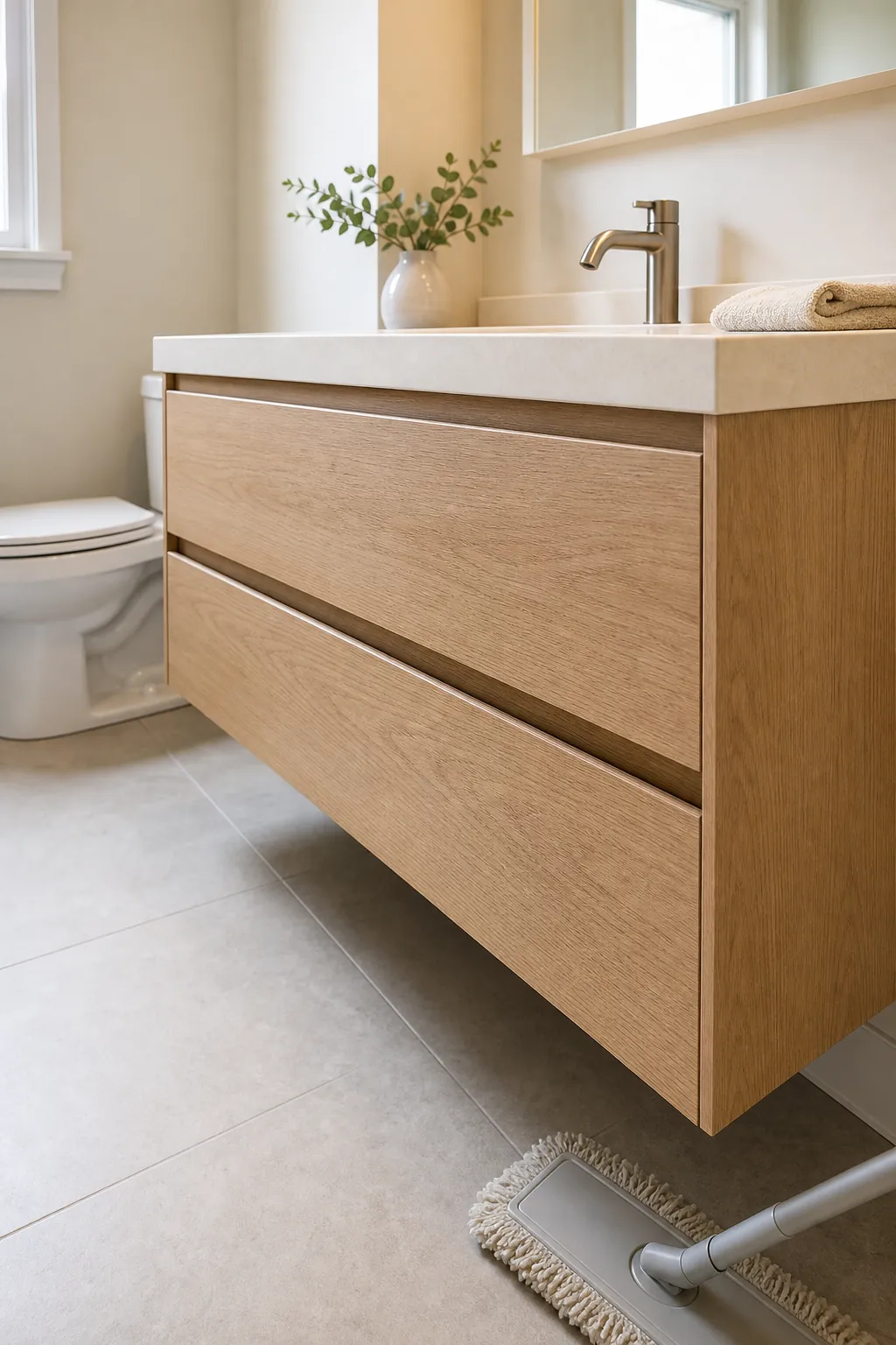 Floating white oak drawer vanity in a clean bathroom