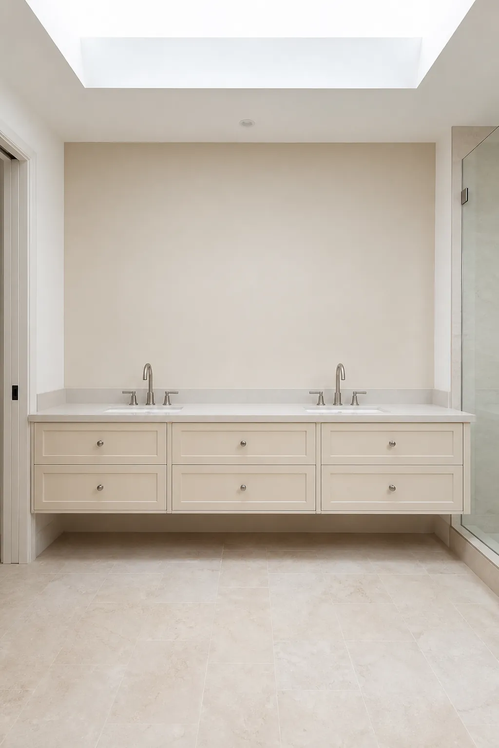 Wall-to-wall floating bathroom vanity with open floor below