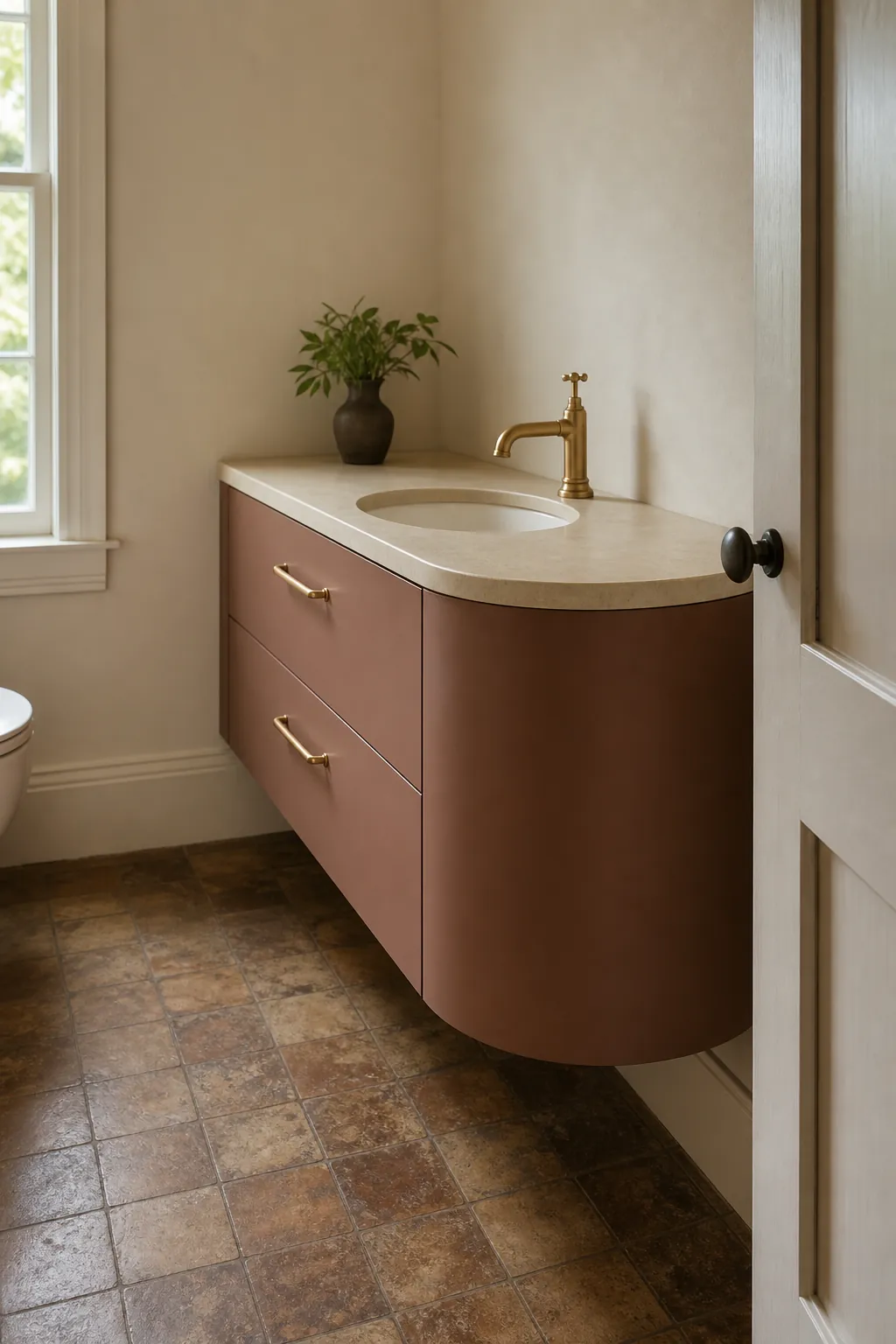 Rounded floating vanity in a compact bathroom