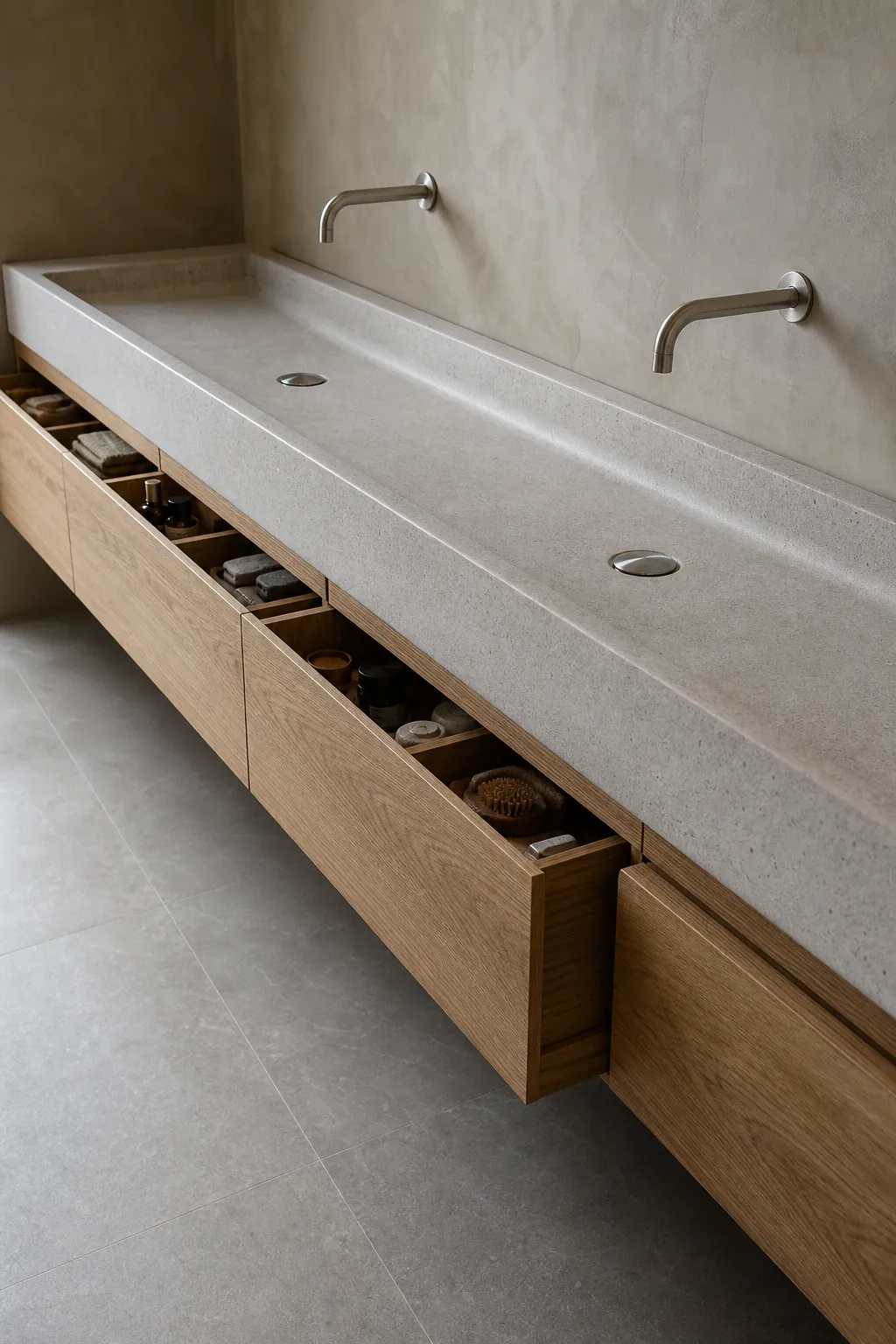 Oak floating vanity with concrete trough basin