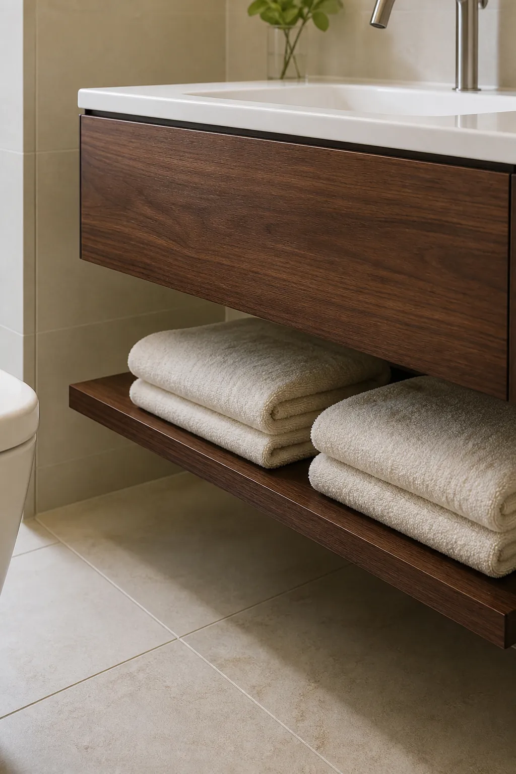 Floating vanity with a practical open towel shelf