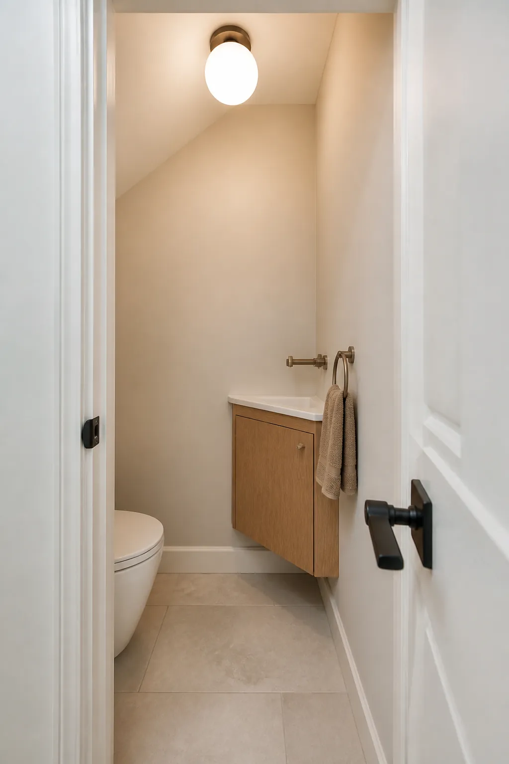Corner floating vanity in a very small bathroom