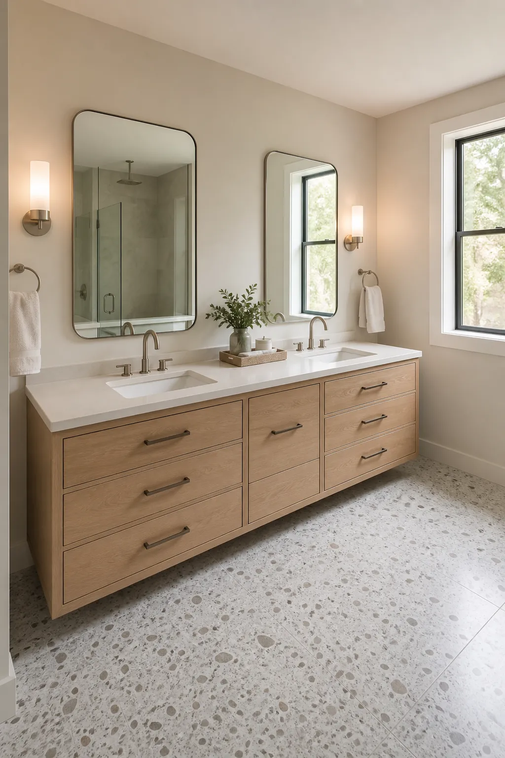 Long double floating vanity with organized drawer storage