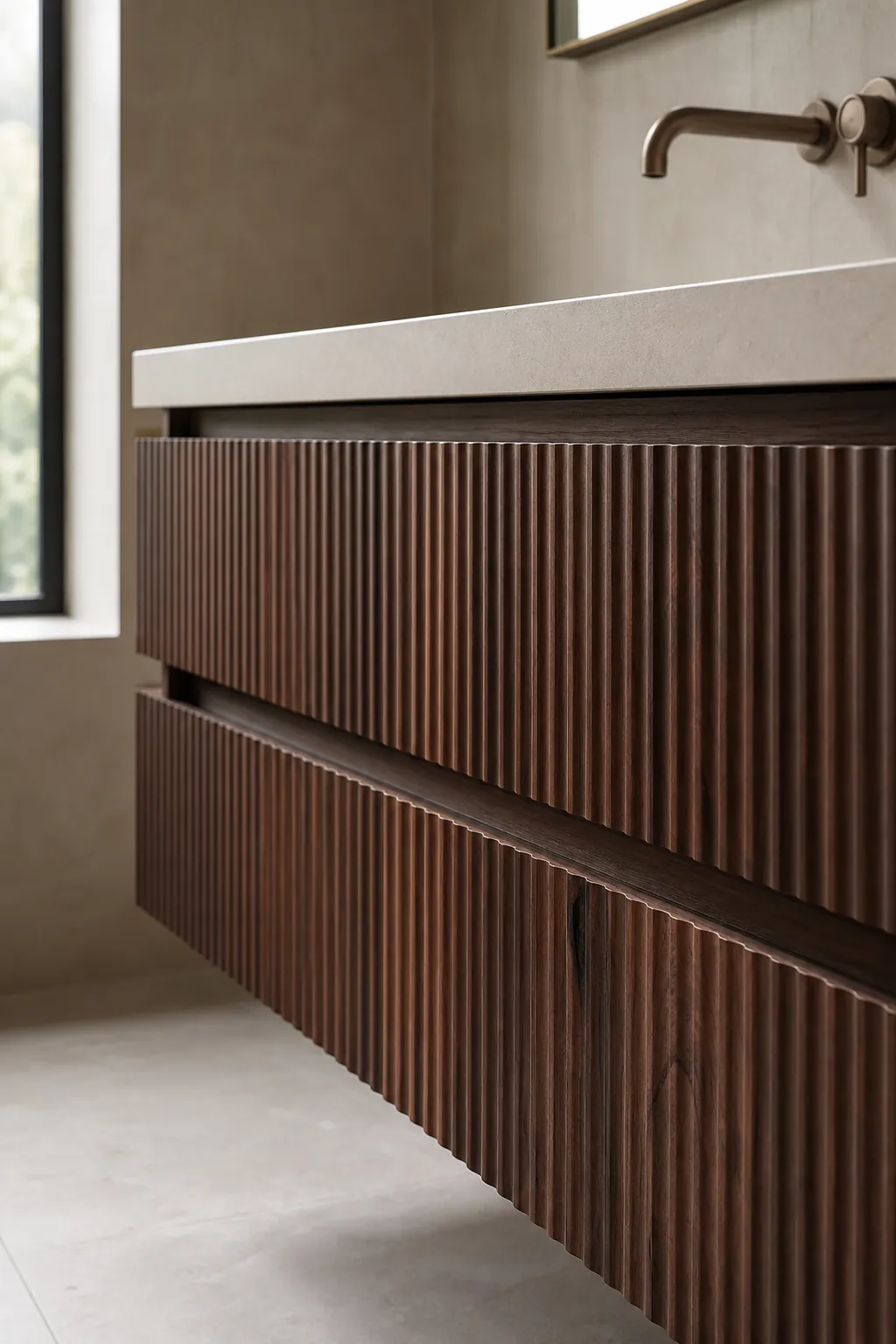Floating bathroom vanity with fluted walnut fronts