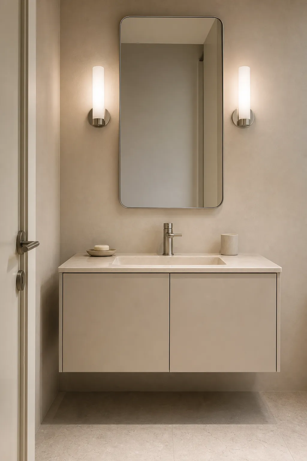 Tonal floating vanity painted to match the bathroom wall