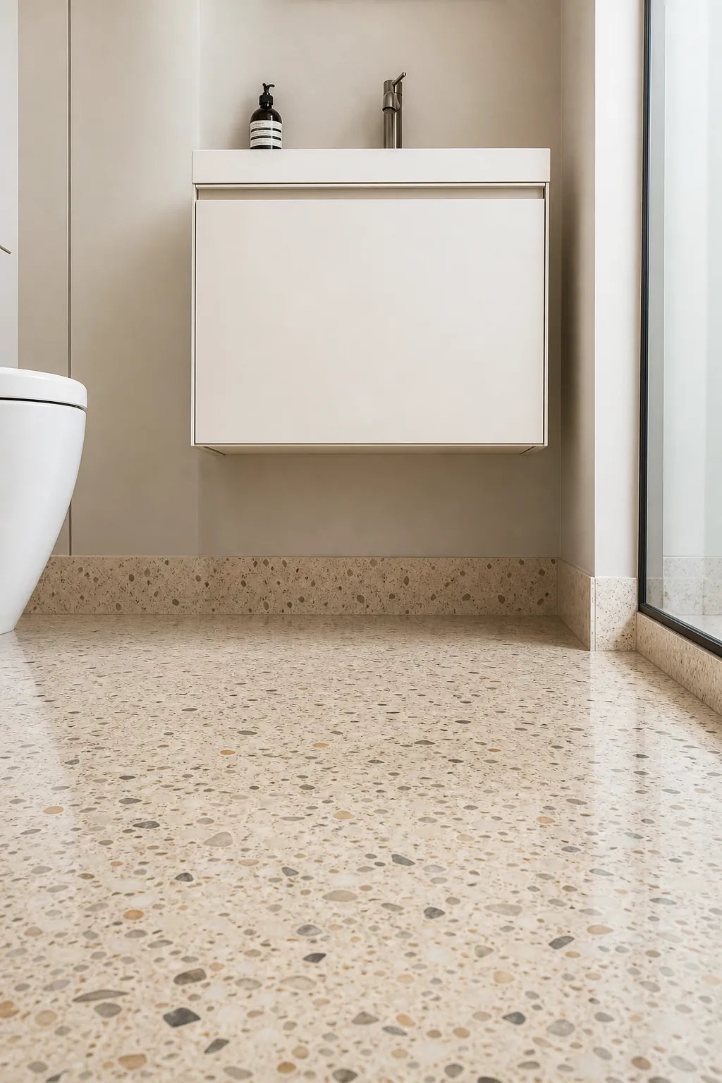Floating vanity above a continuous terrazzo bathroom floor