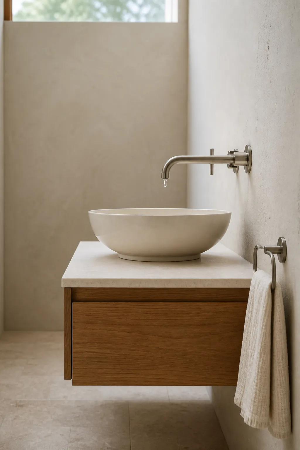 Floating vanity with a shallow vessel sink