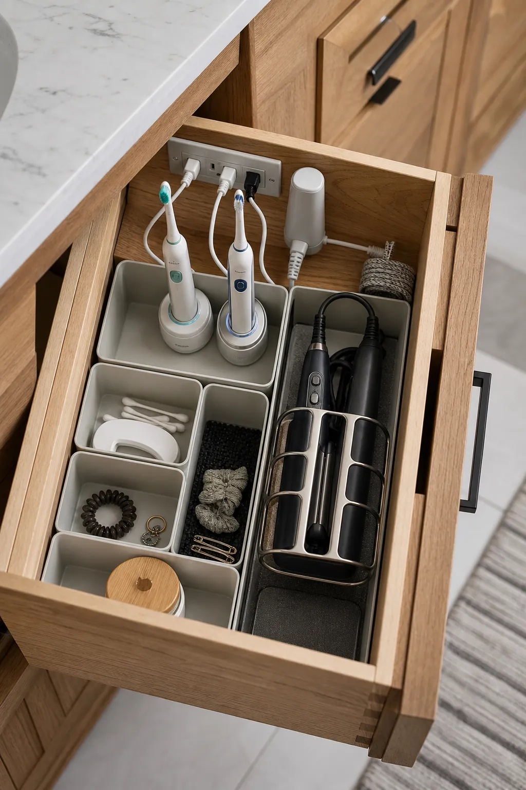Floating vanity drawer with organized powered grooming storage