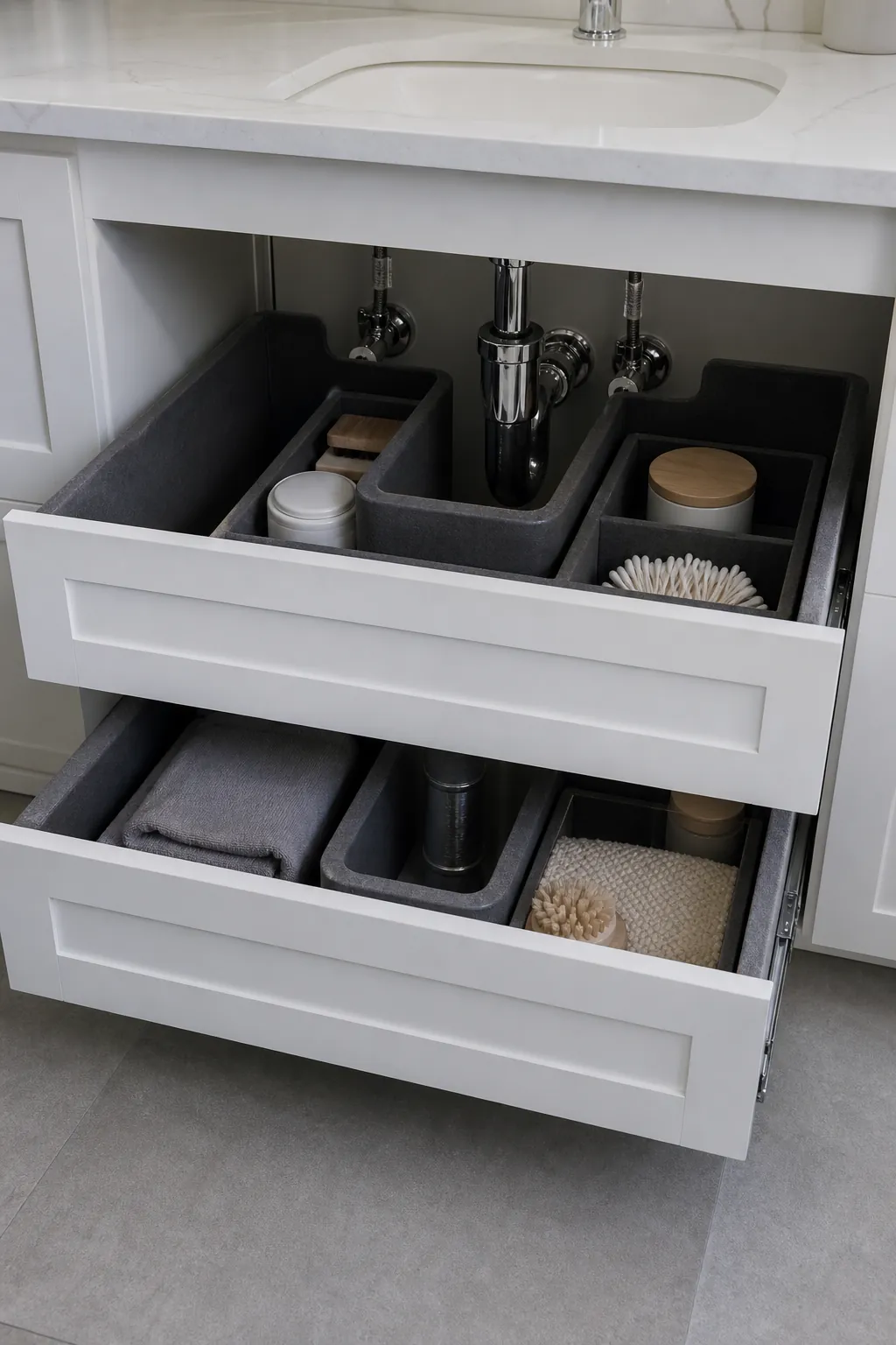 Floating vanity drawers designed around sink plumbing