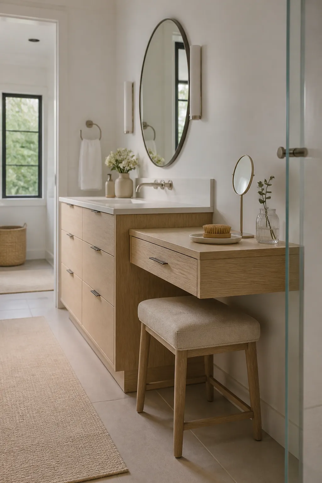 Floating vanity with a lower makeup ledge and stool