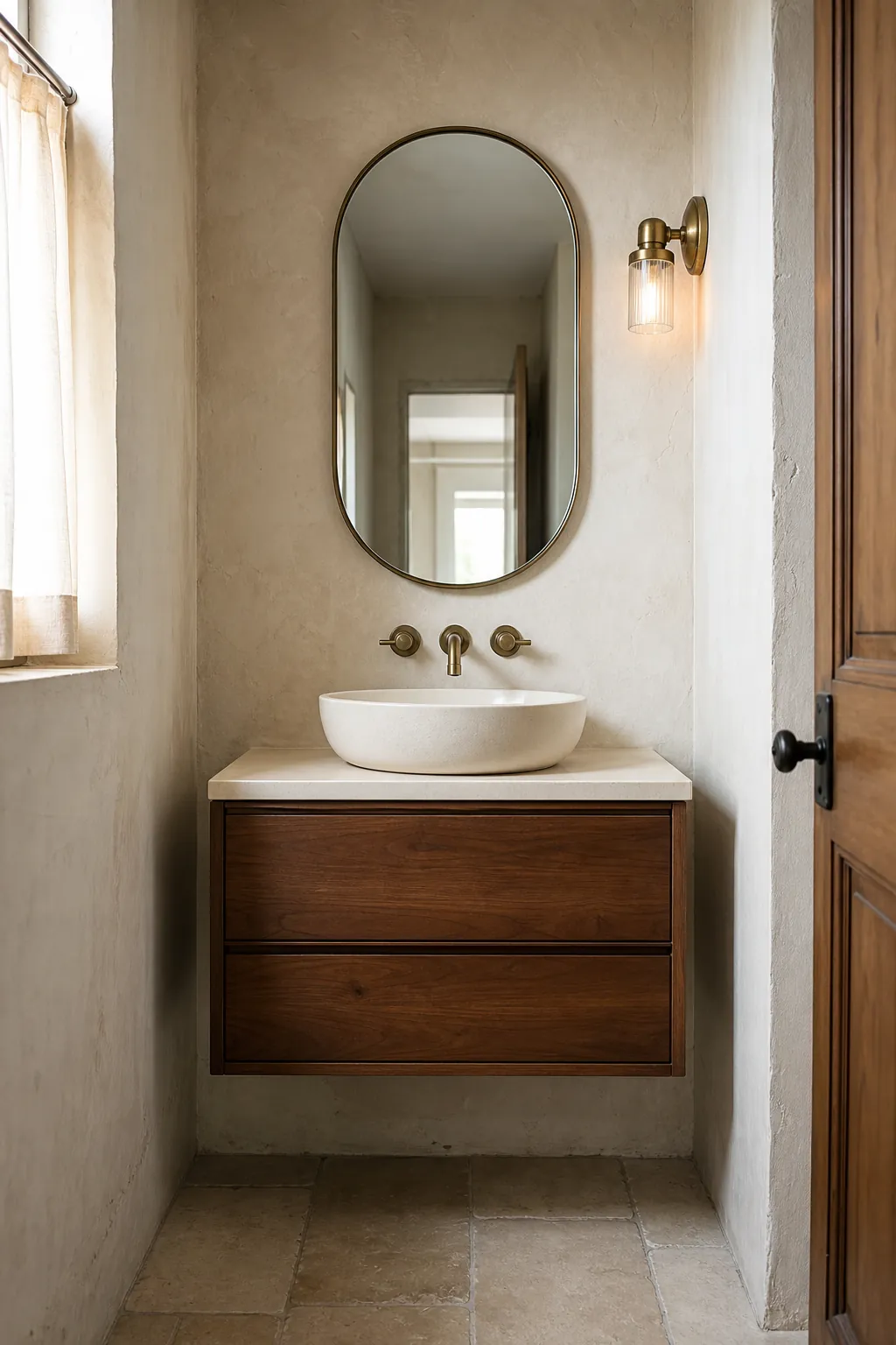 Floating vanity centered in a clean bathroom alcove