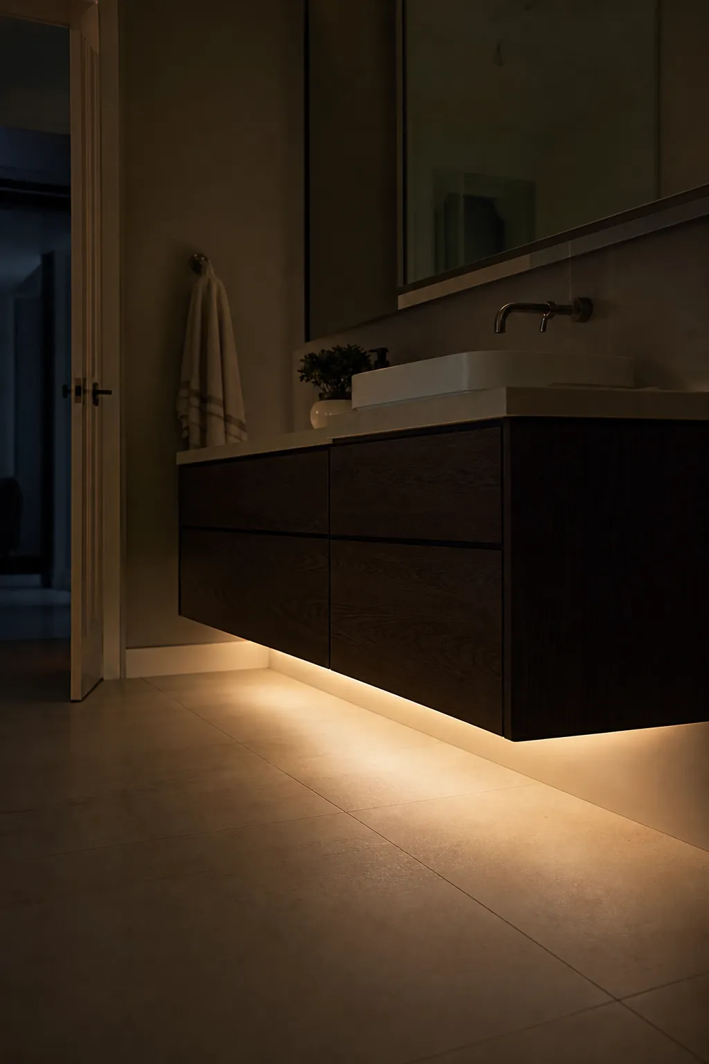 Floating vanity with soft concealed night lighting