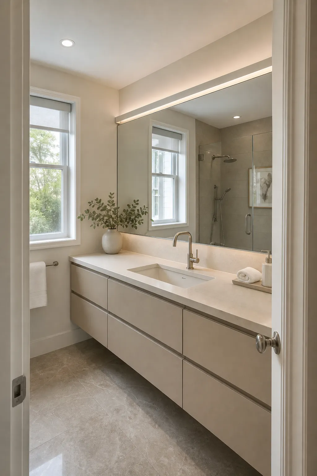 Floating vanity paired with a full-width bathroom mirror