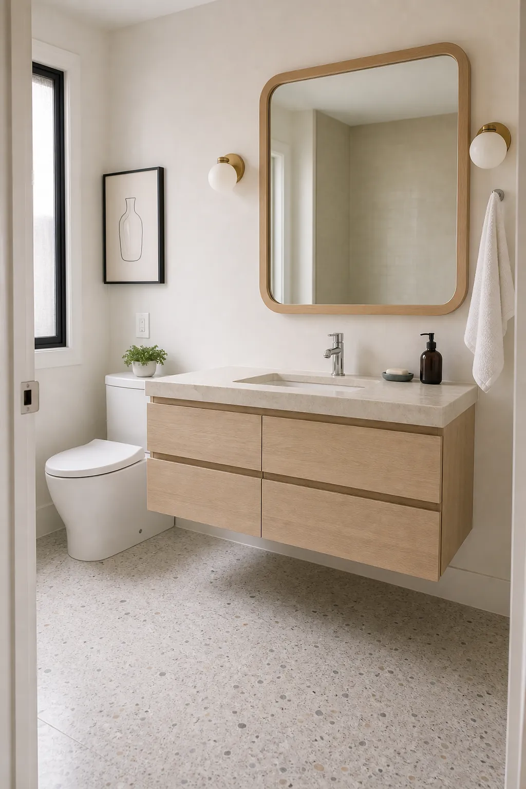 Clean floating vanity bathroom with an uncluttered open floor