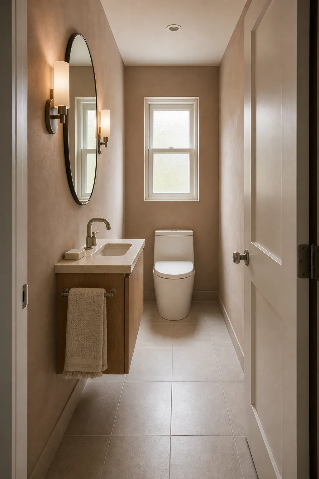 Smart narrow half bathroom with shallow oak vanity and clear walkway