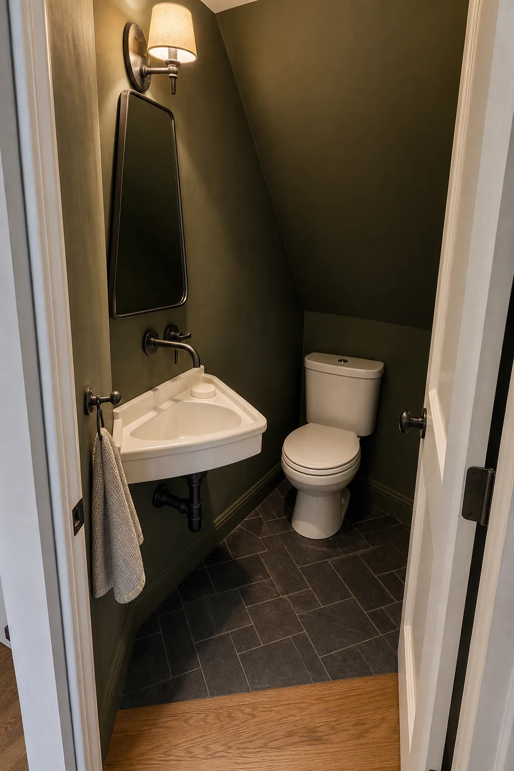 Compact corner sink opening the standing area in a tiny powder room