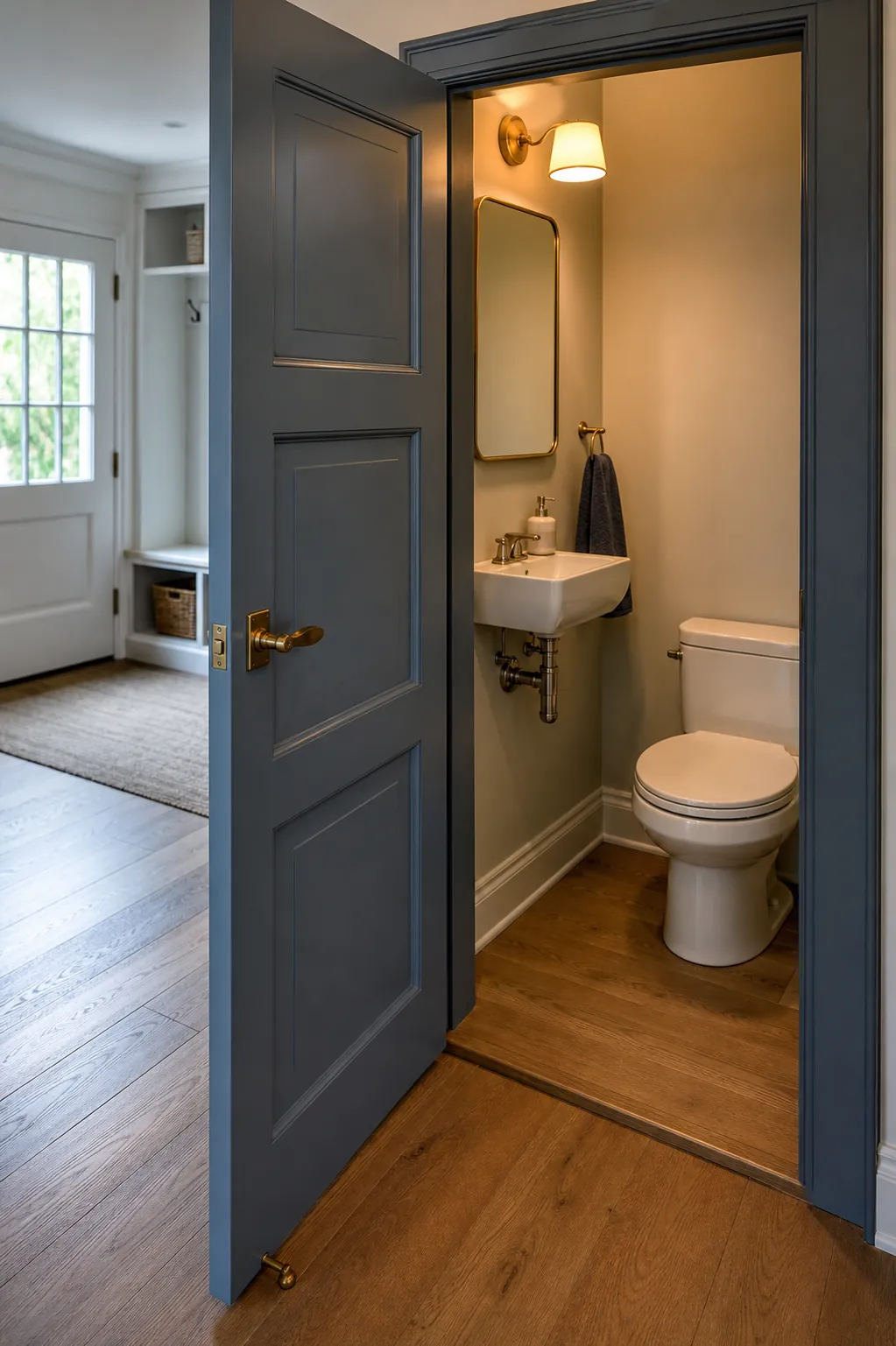 Space-saving outward door swing in a narrow half bathroom layout
