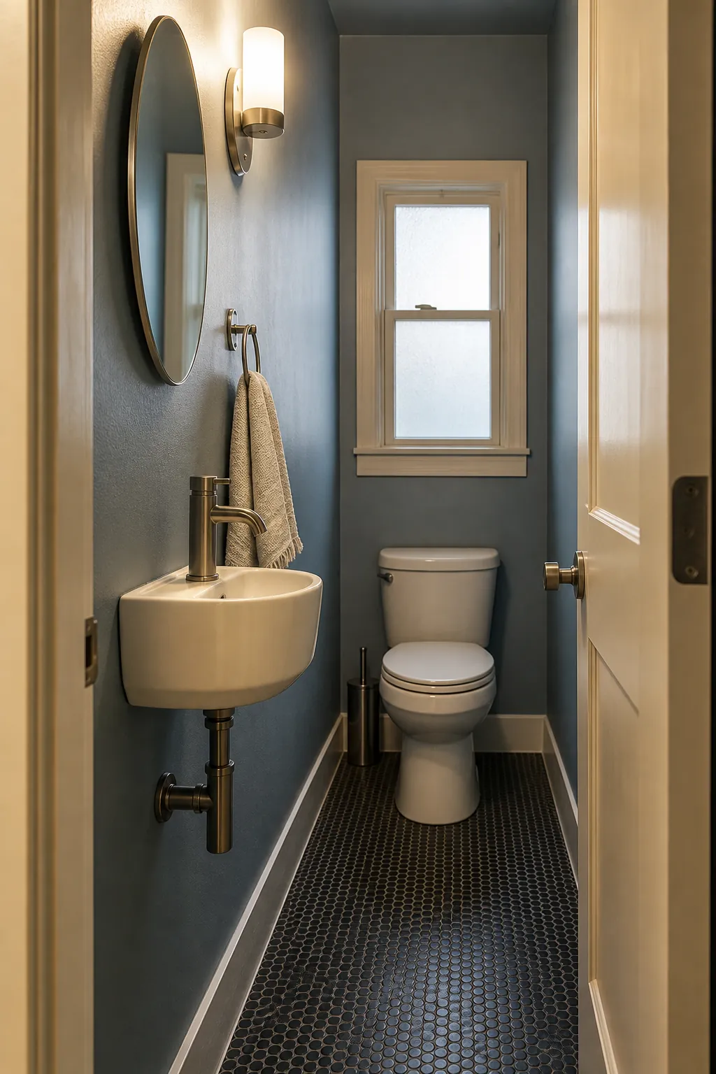 Mini sink placed near the entrance of a long narrow half bath